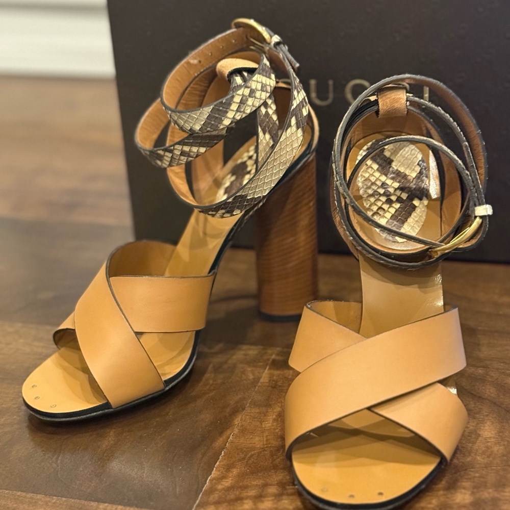 Gucci Tan and Brown Block Heel Python Sandals